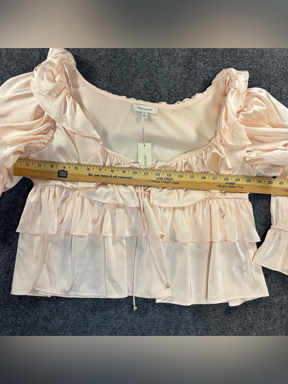 Francesca's Blush Pink Ella Ruffle Tiered Satin Tie-String Babydoll L Blouse NWT - Picture 7 of 8